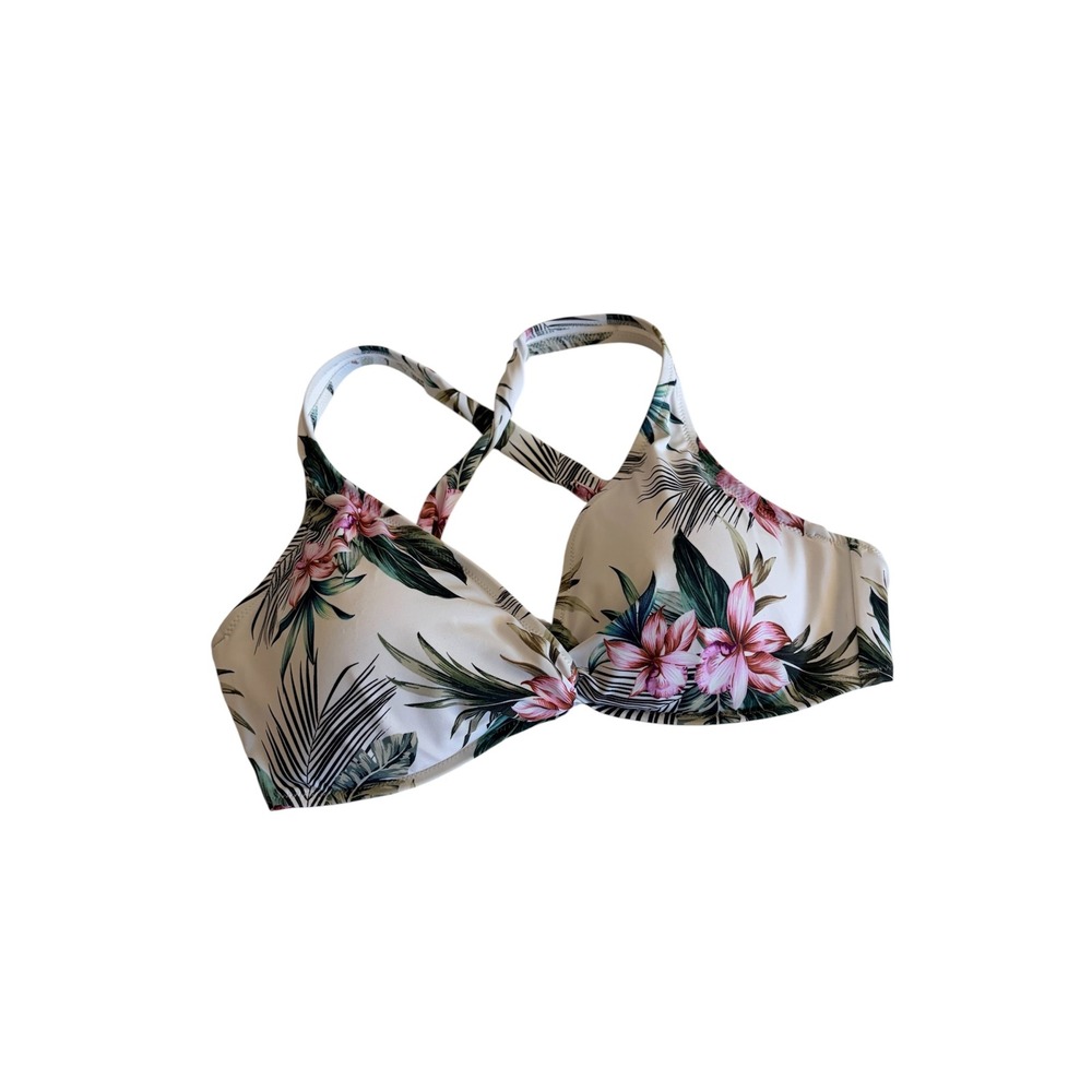 Shade & Shore Women's White Tropical Floral Print Underwire Bikini Top Size 36C